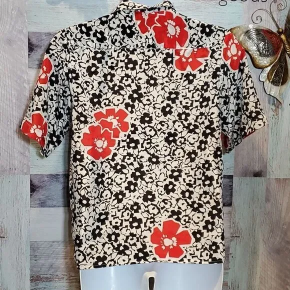 Oscar de la Renta Sz 12 Vintage Black White Red Floral Nerdy Blouse GrannyCore - Picture 6 of 8